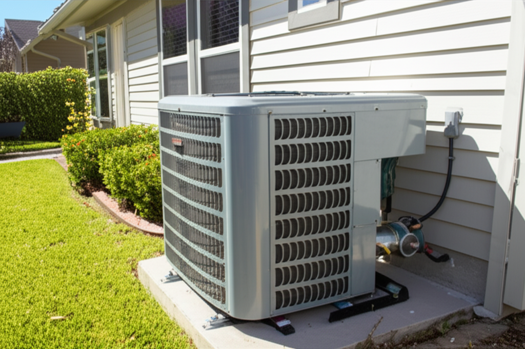 Modern HVAC unit outside a suburban home in Whitewright, Texas on a sunny day