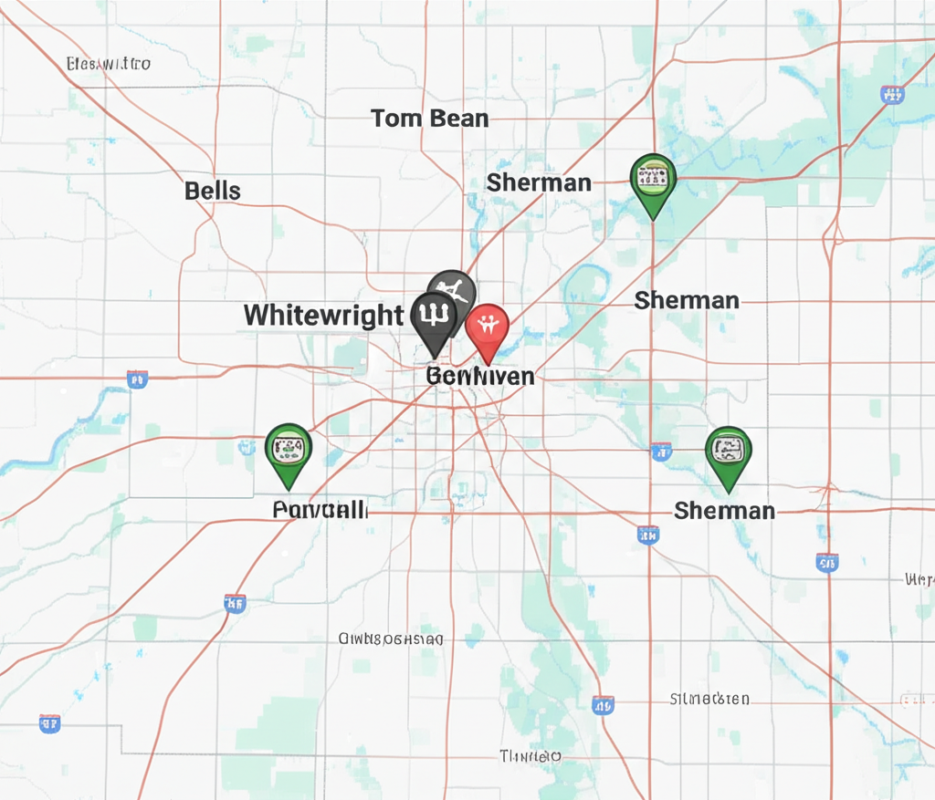 Stylized map highlighting Whitewright, Texas and surrounding towns like Tom Bean, Bells, and Sherman