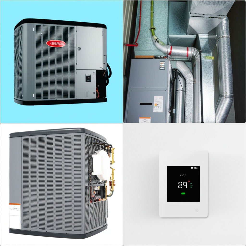 Collage of HVAC services: AC unit, furnace, ductwork, thermostat
